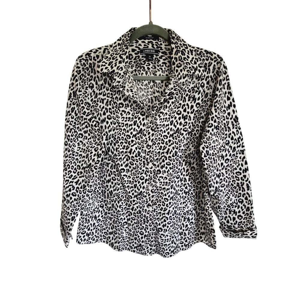 Lands End 12 Button Up Blouse Leopard Animal Print‎ No Iron Supima Cotton NWOT